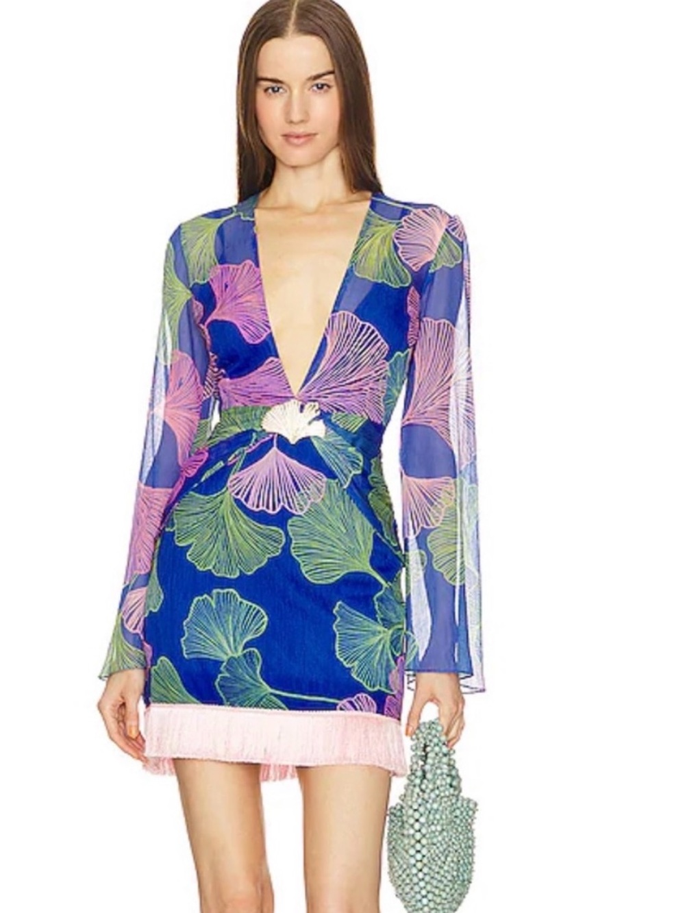 PatBO Blue Floral Plunge Swim Coverup with Pink Fringe